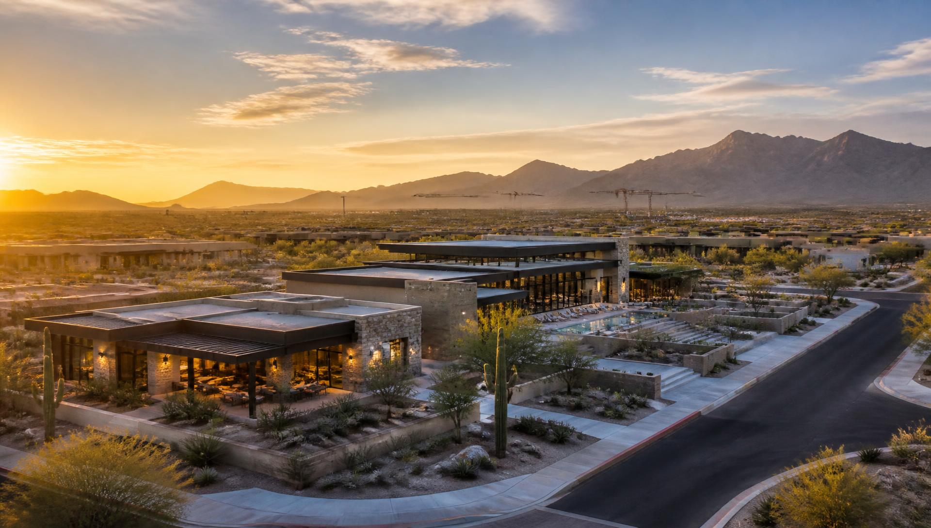 Aerial view of a modern Arizona desert development at sunset